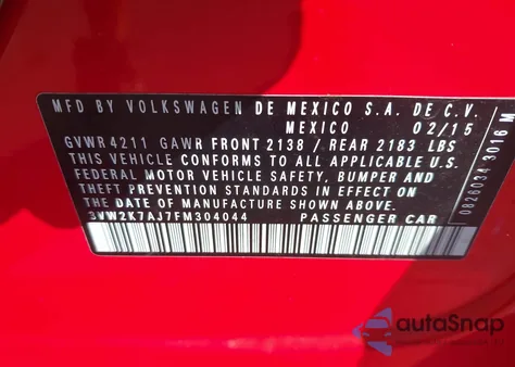 2015 Volkswagen Jetta 2.0L S из США, поврежденный, VIN 3VW2K7AJ7FM304044